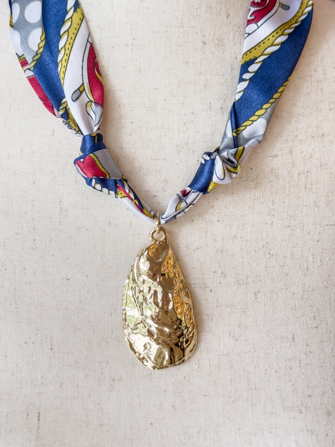 Oyster Shell Charm Scarf Necklace-Red/White/Blue Tones