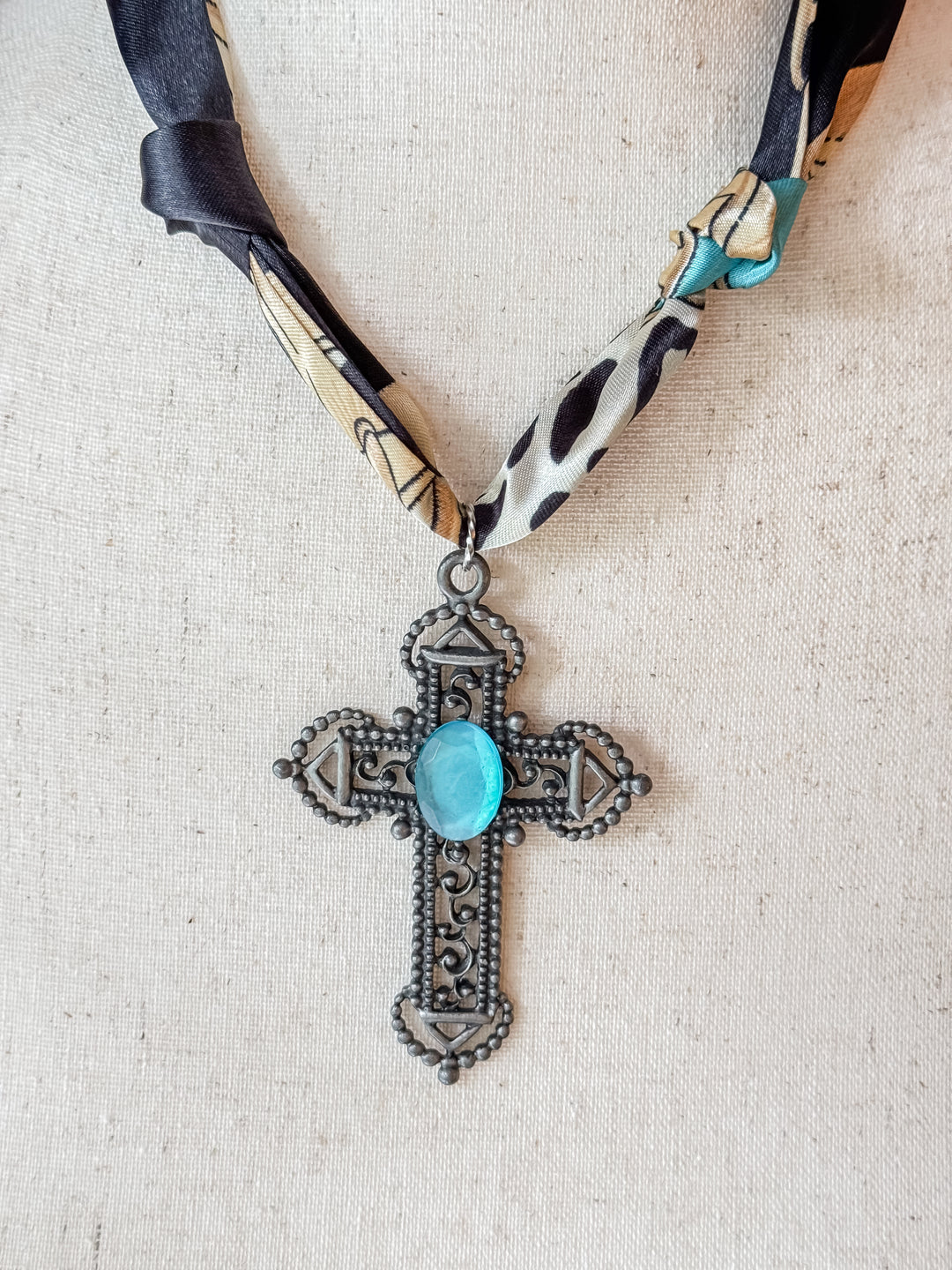 Vintage Style Cross Scarf Necklace-Turquoise/Black/Cream Tones