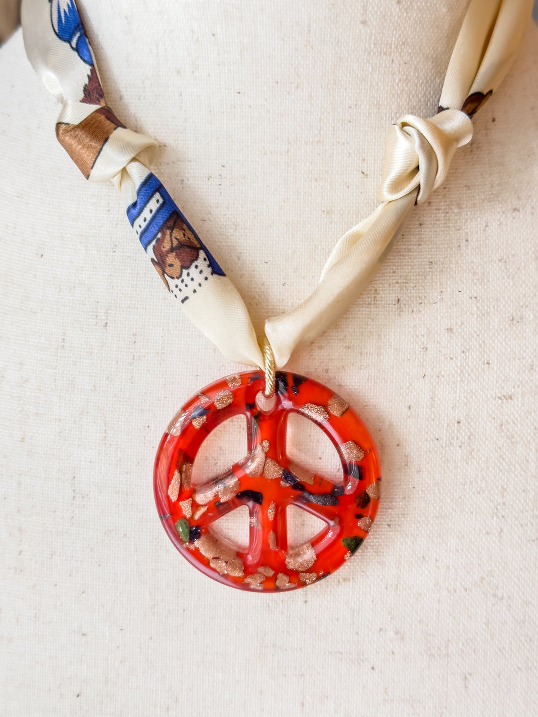 Glass Peace Sign Pendant Scarf Necklace-Orange-Red and Cream Tones