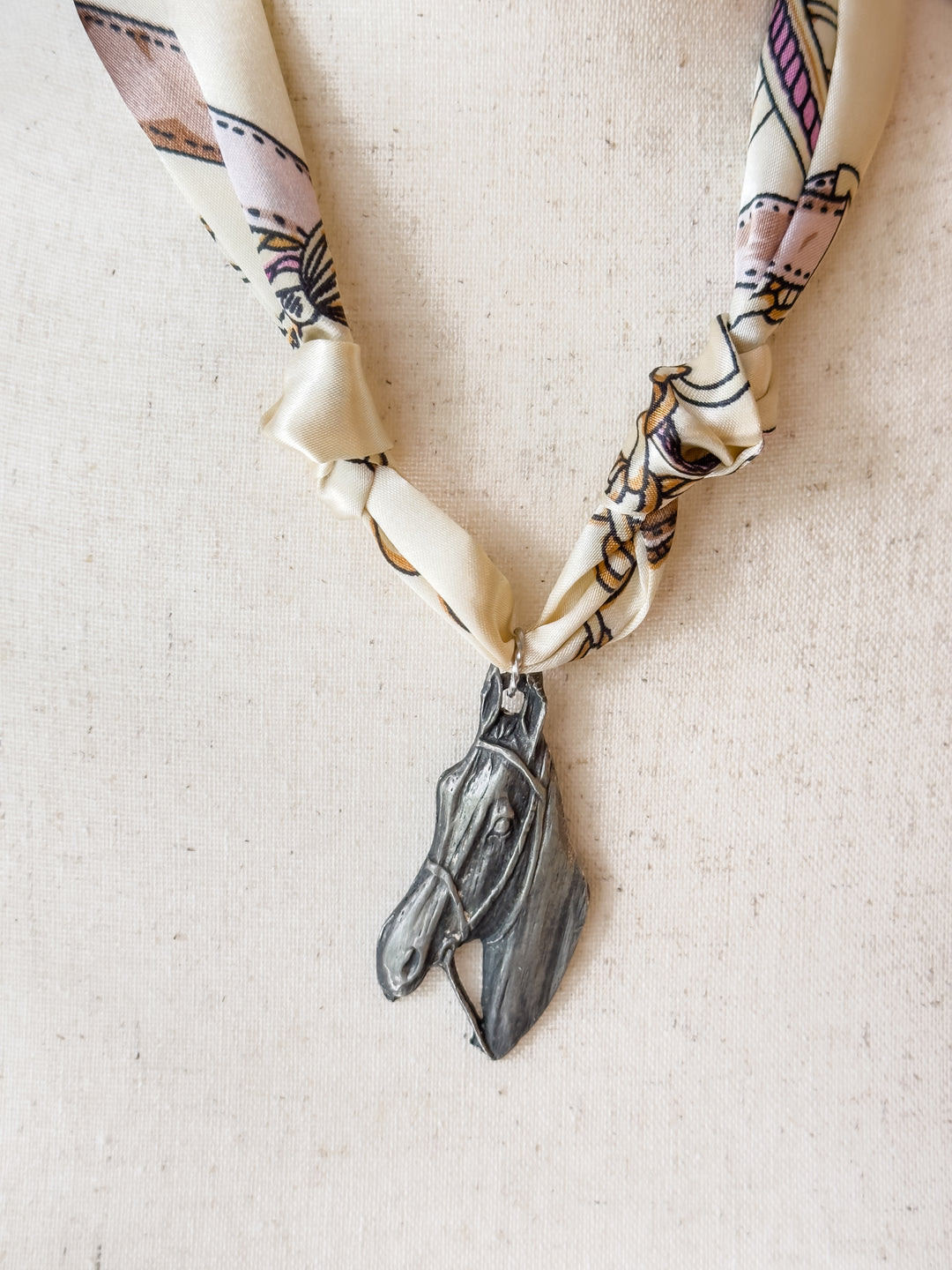 Horse Pendant Scarf Necklace-Cream/Blush Tones