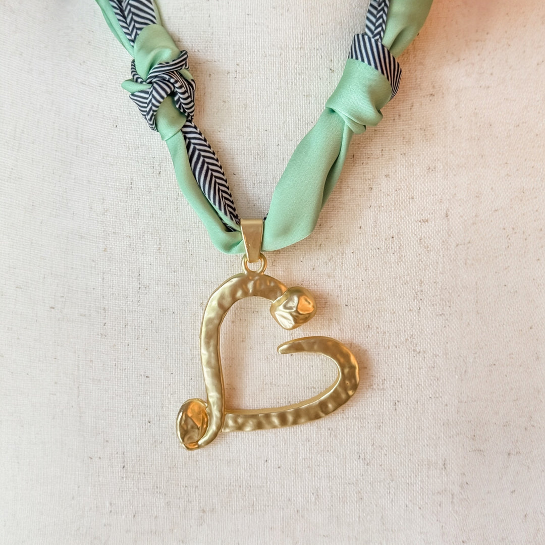 Diagonal Matte Gold Heart Scarf Necklace-Green Tones