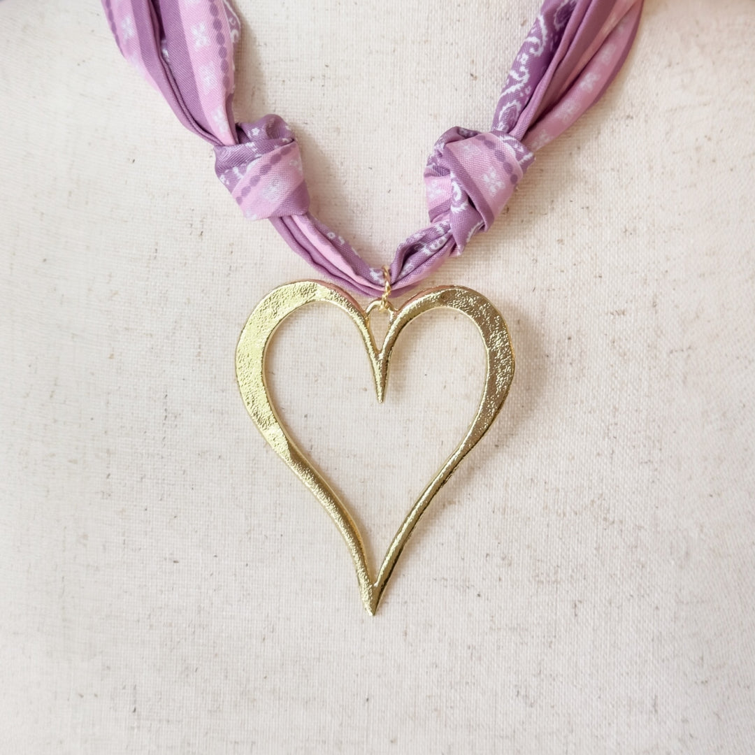 Light Gold Open Heart Scarf Necklace-Pink Tones