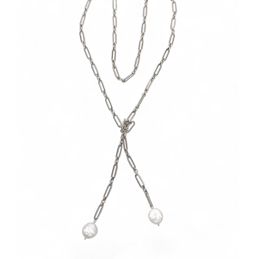 Coin Pearl Silver Wrap Necklace