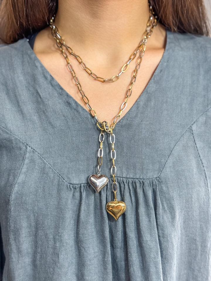 Puff Heart Mixed Metal Wrap Necklace