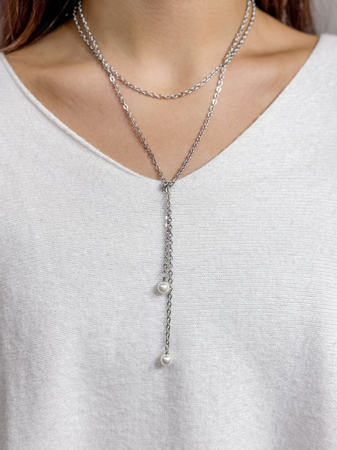 Dainty Silver Glass Pearl Wrap Necklace