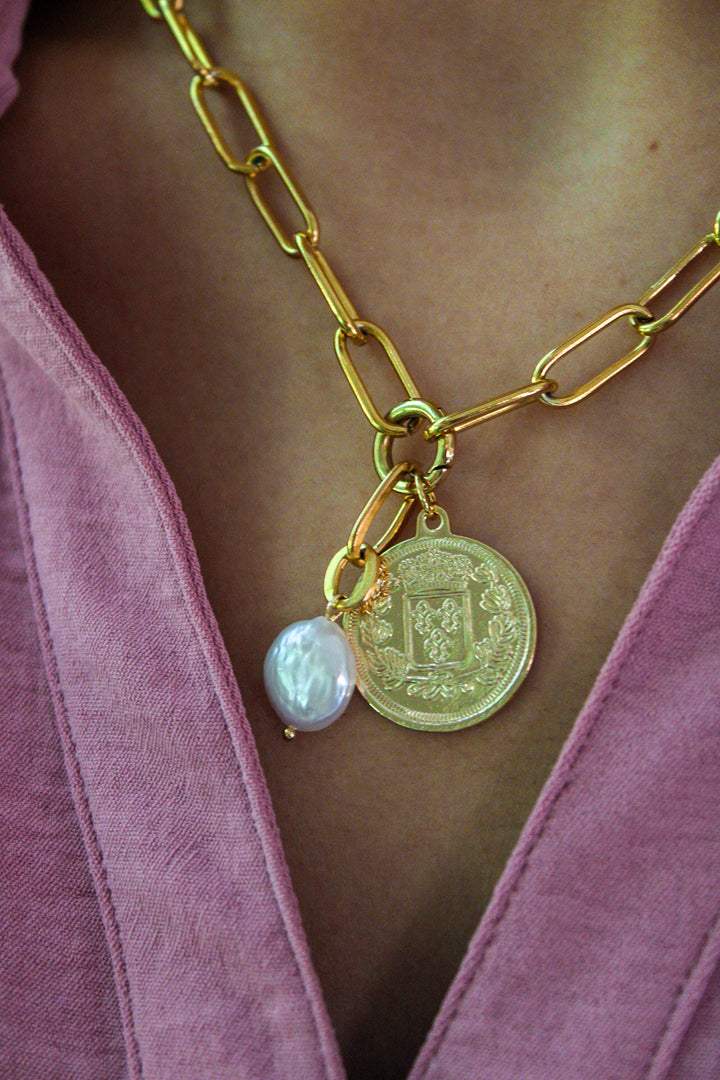 Royal Coin and Pearl Charm Necklace