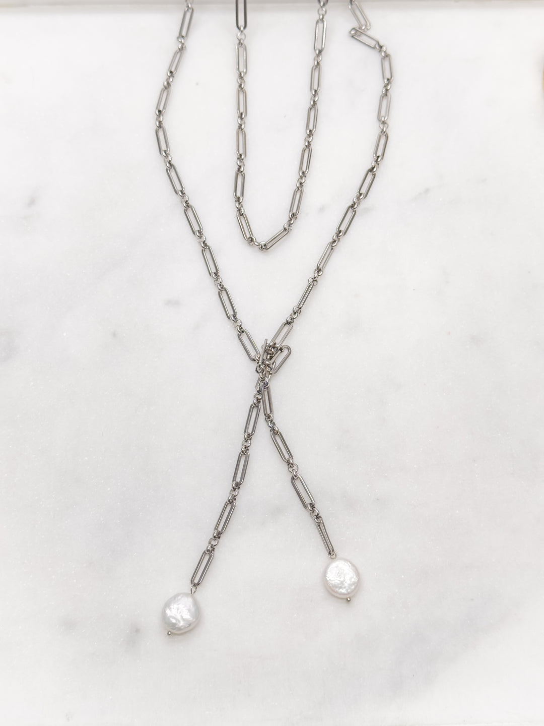 Coin Pearl Silver Wrap Necklace