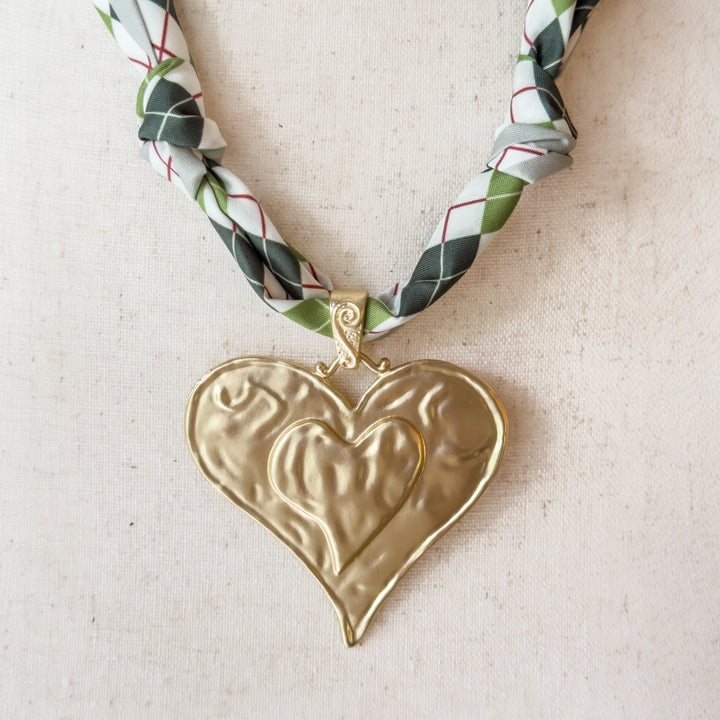 Tumbled Matte Gold Heart Scarf Necklace-Green Tones