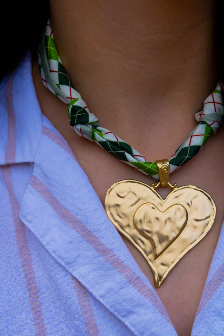 Tumbled Matte Gold Heart Scarf Necklace-Green Tones