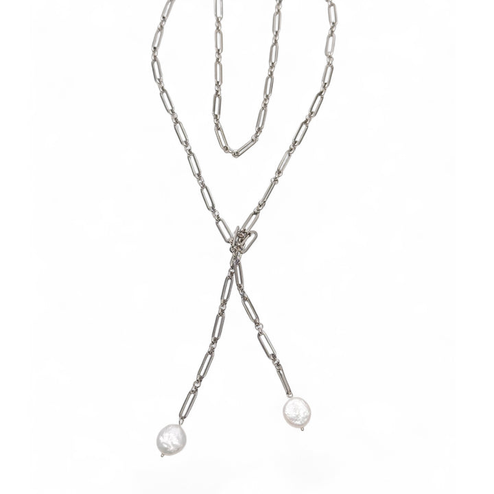 Coin Pearl Silver Wrap Necklace
