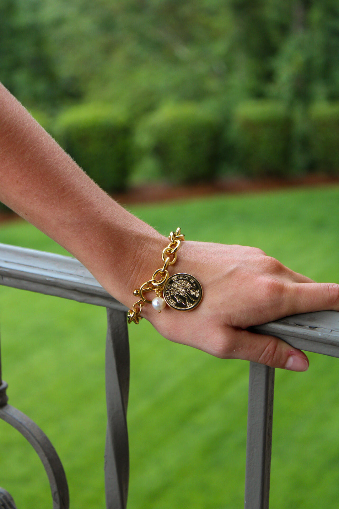 Royal Coin and Pearl Toggle Bracelet