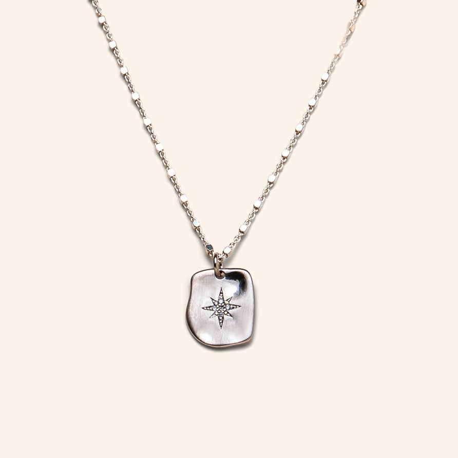 CZ Star Brushed Metal Charm Necklace in Sterling Silver