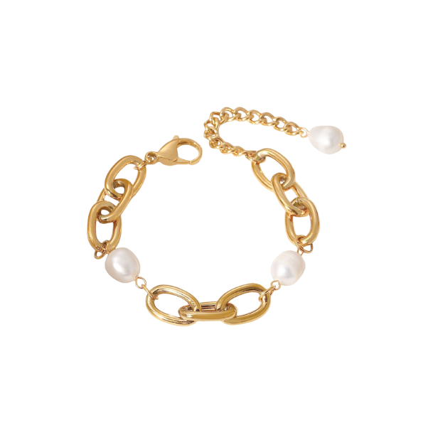 Eternity Freshwater Pearl Chunky Cable Chain Bracelet in 18K Gold-Plated Steel
