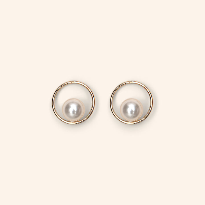 Crystal Pearl Circle Post Earrings in Gold-Filled