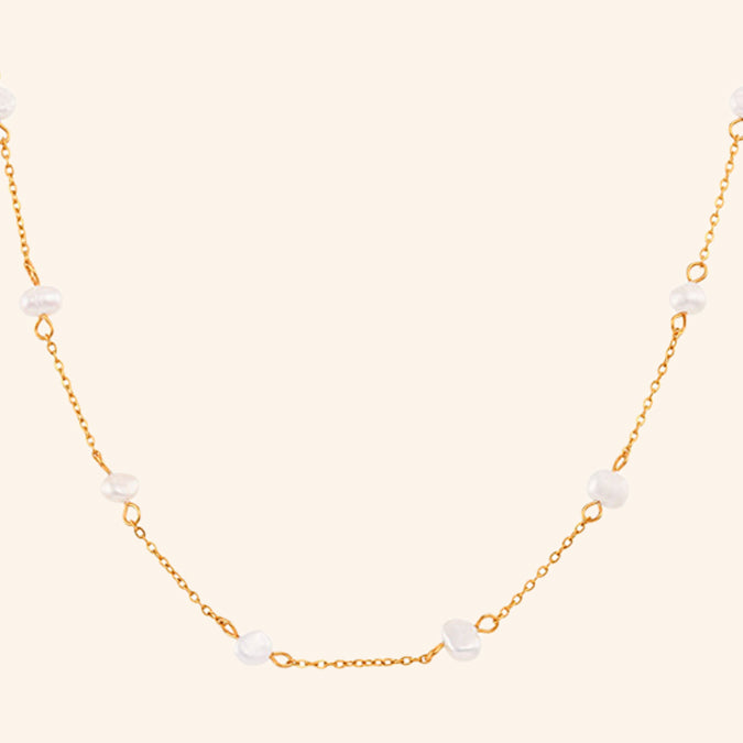 Freshwater Pearl Station Necklace in 18K Gold-Plated Stainless Steel