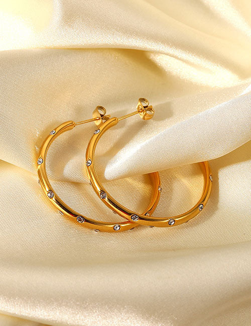 On The Town C-Shape CZ Hoops in 18k Gold-Plated Stainless Steel