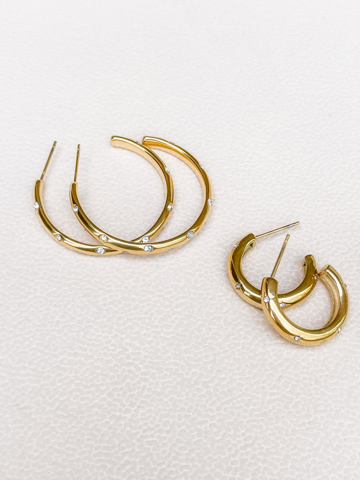 On The Town C-Shape CZ Hoops in 18k Gold-Plated Stainless Steel