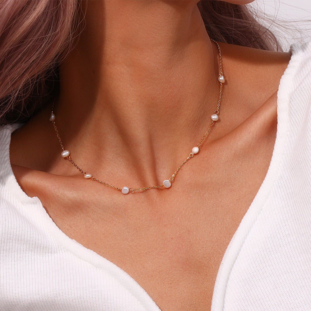 Freshwater Pearl Station Necklace in 18K Gold-Plated Stainless Steel